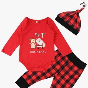 1st Christmas Bodysuit w Snaps, Plaid Pants & Hat Set